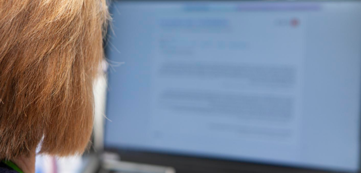 Woman looking at a computer screen with back of her head shown.