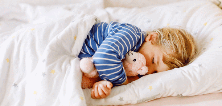 girl sleeping in bed with favourite soft plush toy llama