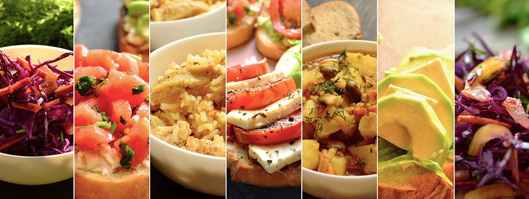 Collage of food and vegetables. Appetizing vegan diverse food. Bruschetta, salad, stew, red cabbage, potatoes